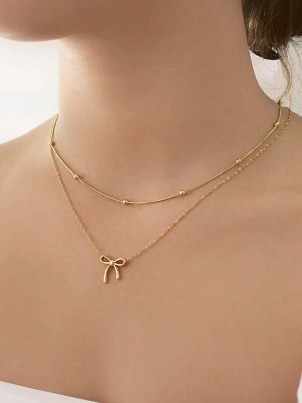 1PC Dainty Mini Bow Ribbon Pendant Necklace For Women Girls Minimalist Bow & Beaded Snake Chain Stackable Necklace Stainless Steel Adjustable Chain Fashion Jewelry Accessories(Sold Separately) Valentines