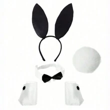 5 件可爱成人兔耳头带道具毛绒发带礼服服装兔耳朵发带派对装饰角色扮演套装万圣节舞会 - 黑與白 - 查看 8