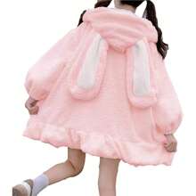 BZB Kawaii Anime Bunny Ear Hoodies For Women Sweet Lovely Fuzzy Fluffy Rabbit Sweater Tops Cosplay Jacket Coats - Pink - View 1