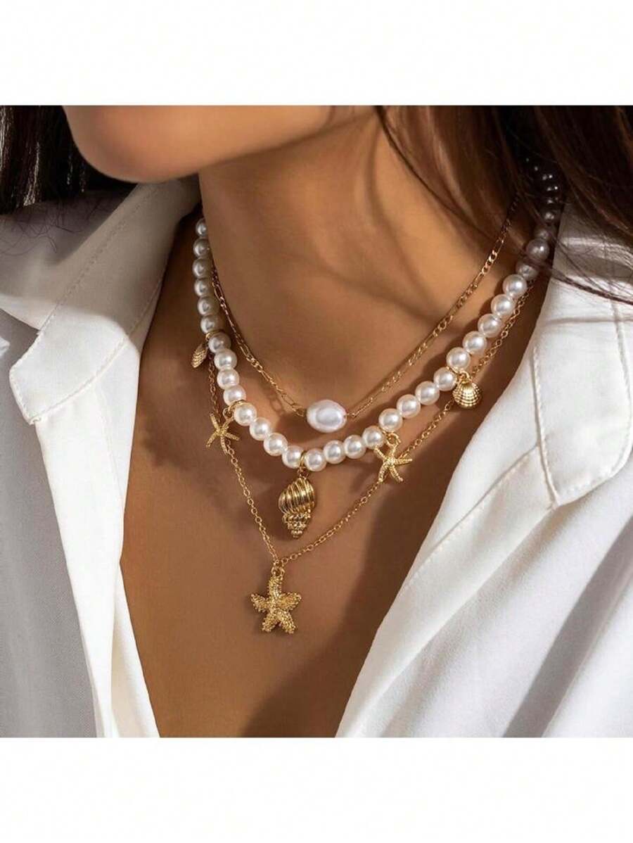 Ngọc trai giả thời trang lấy cảm hứng từ bãi biển, Sao biển, Vòng cổ nghỉ mát Shell Vintage, Thích hợp cho kỳ nghỉ nhiệt đới - xích - Xem 1