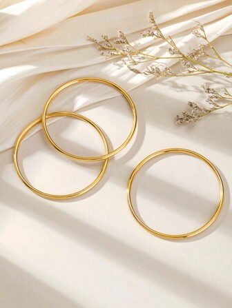 3pcs Solid Glossy Fashionable Bold Round Bracelets, Classic Accessories