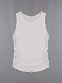 女士針織黑色背心，寬鬆舒適透氣，小圓領純色背心，年輕女孩時尚簡約運動健身長小背心 - 白色 - 查看 7