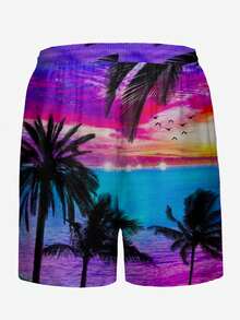 Bañador corto de hombre, estilo de playa de Hawaii con impresión digital 3D de árboles de coco y plantas tropicales con atardecer, ropa de playa casual para vacaciones, de una sola capa sin forro, pantalones cortos de surf con cordón - Multicolor - Ver 3