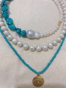 1 pièce Collier bohème naturel avec tournesol turquoise pour femme, chaîne de perles faite main, cadeau en corde de perle - Collier empilable de perles turquoise - Voir 7