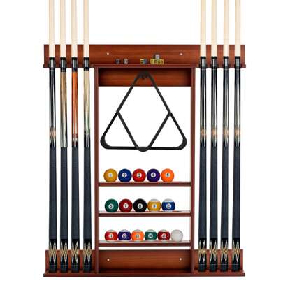 Billiards Pool Cue Rack Only, Wall Mounted Billiard Stick Holder, Made Of Solid Pine Wood, Holds 8 Cues, 16 Billiard Balls, 1 Ball Rack, Compact Billiards Equipment For Billiard Room, Club, Bar