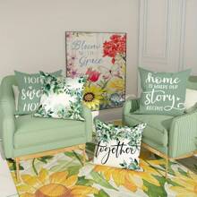 4 stks/set 'Home Is Where Our Story Begins' groene blad bedrukte bankkussensloop, een cadeau voor uw huis, woonkamer, slaapkamer of auto! 45 cm x 45 cm [zonder kussenkern, enkelzijdig afdrukken] woondecoratie