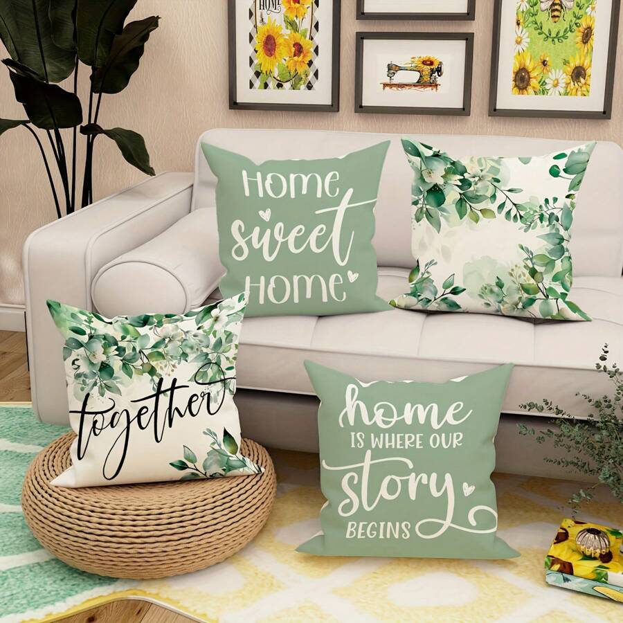 4 stks/set 'Home Is Where Our Story Begins' groene blad bedrukte bankkussensloop, een cadeau voor uw huis, woonkamer, slaapkamer of auto! 45 cm x 45 cm [zonder kussenkern, enkelzijdig afdrukken] woondecoratie