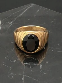 Men Jewelry Gold 18K Plated 316 Stainless Steel Fashion Solid High Quality Black Stone Rings