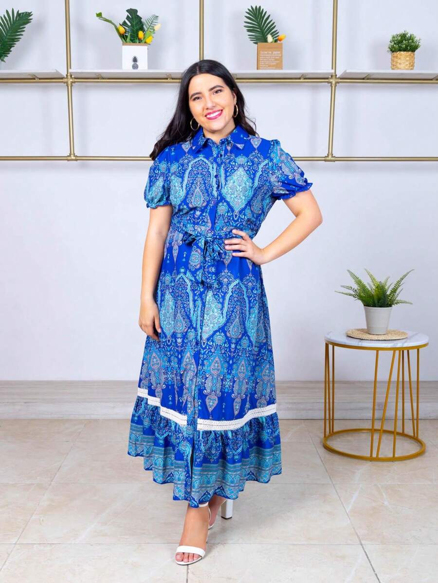 Vestido largo con abertura de boton con cuello camisero con liston en la cintura - azul real - Ver 1