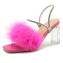 Womens Fluffy Heel Sandals Square Toe Clear Chunky High Heel Fuzzy Mules Double Rhinestone Strap Feather Furry Heels Wedding Evening Prom Party Dress Shoes - Màu Hồng Tươi - Xem 1