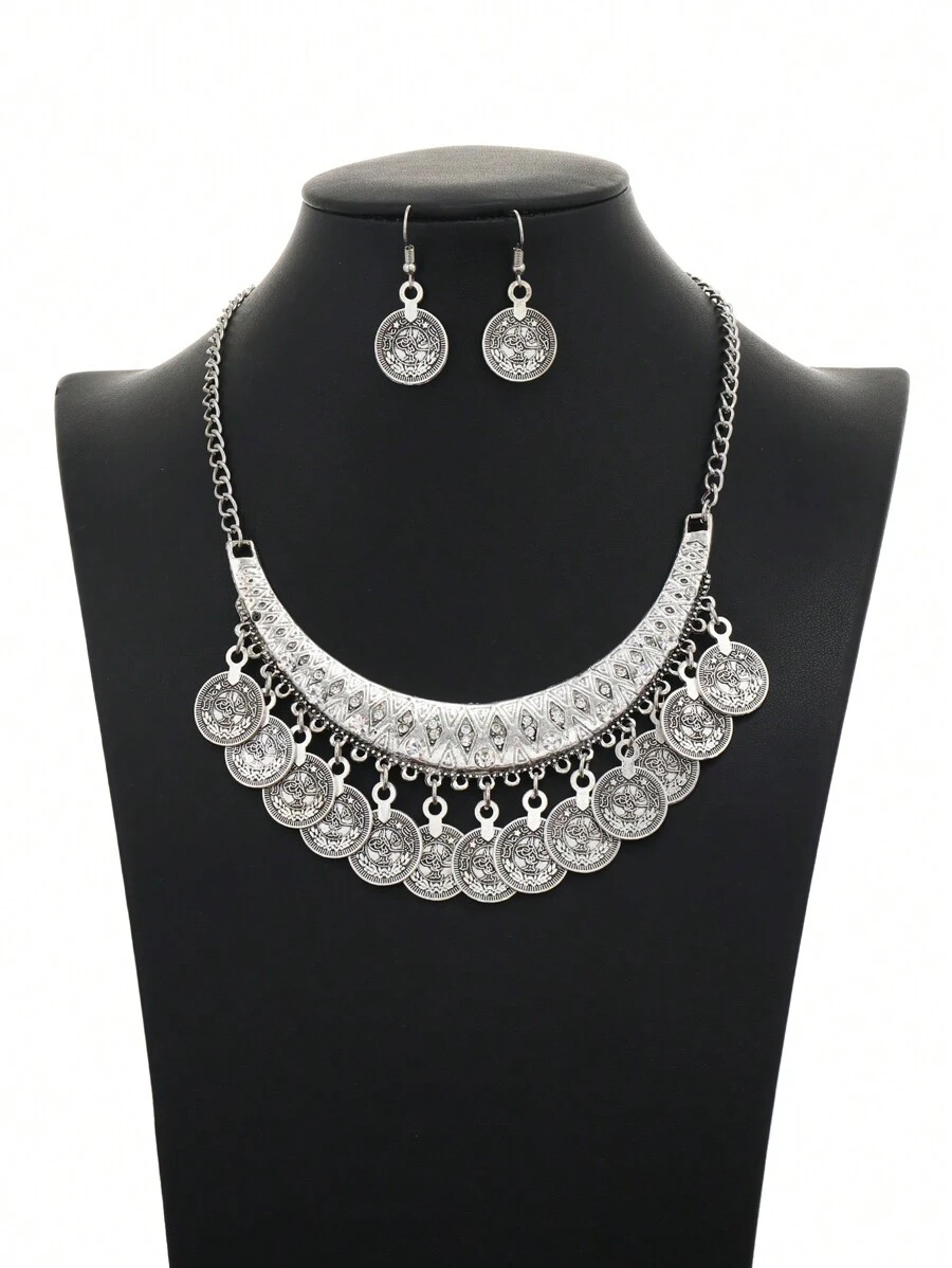 3pcs/Set Versatile Punk Style Jewelry Set For Women, Includes Coin Fringe  Necklace And Earrings - Antique Silver - View 1
