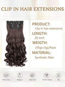 Extensiones de cabello con clip de fibra sintética rizada de 20 pulgadas de largo, gruesas y suaves, con clips de pelo sintético para uso diario por mujeres (color marrón oscuro)