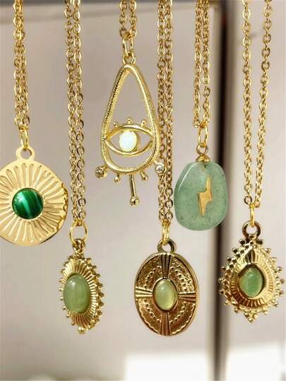 1pc Green Natural Stone Pendant Necklace Hollow Eye Golden Charm Vintage Necklaces For Women Stainless Steel Jewelry Gift New