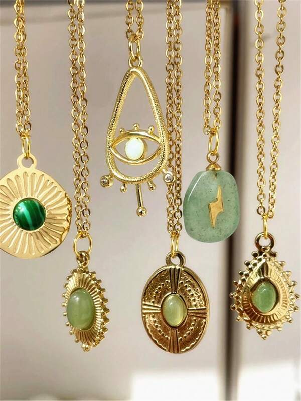 1pc Green Natural Stone Pendant Necklace Hollow Eye Golden Charm Vintage Necklaces For Women Stainless Steel Jewelry Gift New