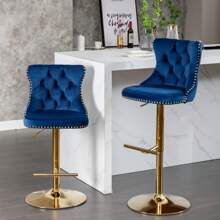 2/4/6 Piece Set Adjustable Swivel Bar Stools, Dining Bar Chairs With Velvet Tufted Back, Metal Base, Footrest For Home Bar, Dining Room, Kitchen Island. - Biru-emas - View 3