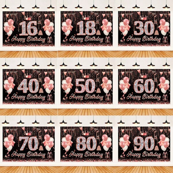 1 PC Birthday Party Background Decoration Rose Gold Rhinestone Age Birthday Party Decoration Supplies 16 18 30 40 50 60 70 80 90 Birthday Banner Photography Screen, Product Size 100cm/39in * 150cm/59in, Christmas