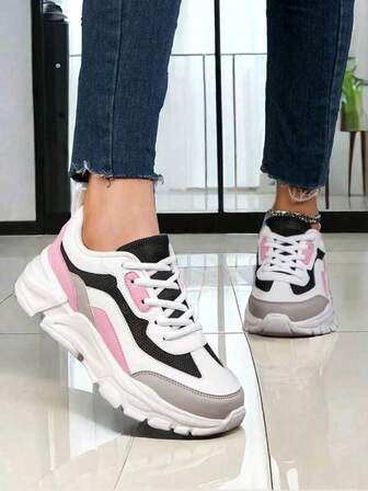 女士休闲运动舒适厚底防滑耐用系带简约跑步运动鞋