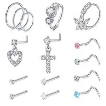 CIZME 15 Stücke stilvolle Nasenpiercing-Schmucksets aus Edelstahl mit Nasenstiften, Nasenringen und U-förmigen, L-förmigen Nasennadeln in 20G, Herz- und Sternmuster für verschiedene Anlässe, Valentinstag-Nasenpiercing-Schmuck