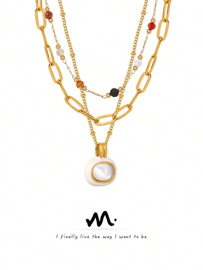 MiDuoDuo 3 piezas Collares colgantes de piedra natural de diseño único europeo y americano para mujeres, collar de cuentas de acero inoxidable dorado vintage con cuentas cuadradas de dopamina, accesorios de joyería chapada en oro de 18K para mujeres