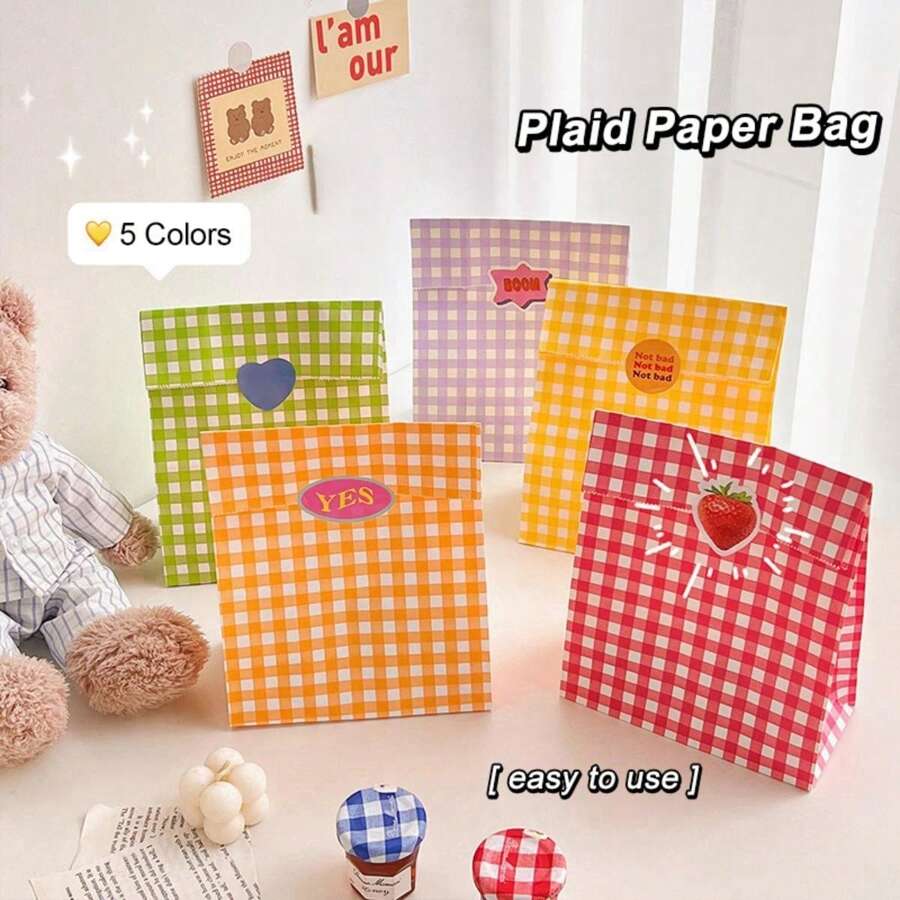 10PCS Colorful Plaid Kraft Paper Bag Candy Biscuit Snack Flower Packaging Vertical Storage Bag Wedding Birthday Party Gift - Multicolor - View 1