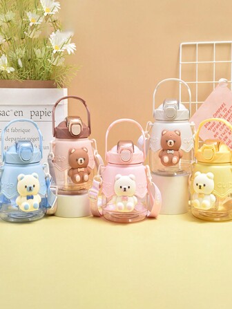 1 件卡通熊大容量便携式水瓶带吸管，适合学生、旅行和家庭使用，适合户外、露营