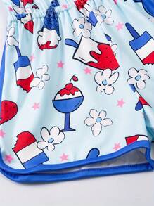 Young Girl Stretchy American Flag Style Ice Cream Print Jumpsuit, Casual Bow Decor Romper For Summer Independence Day Gift