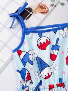 Young Girl Stretchy American Flag Style Ice Cream Print Jumpsuit, Casual Bow Decor Romper For Summer Independence Day Gift