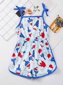 Young Girl Stretchy American Flag Style Ice Cream Print Jumpsuit, Casual Bow Decor Romper For Summer Independence Day Gift