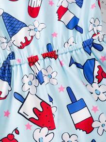 Young Girl Stretchy American Flag Style Ice Cream Print Jumpsuit, Casual Bow Decor Romper For Summer Independence Day Gift
