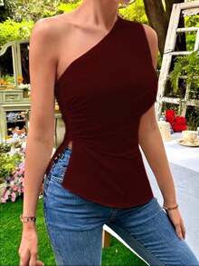 Blusa Casual con Hombro Descubierto de Corte Asimétrico y Abertura Lateral Para Mujer - Vino - Ver 2