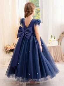 少女蝴蝶结装饰网眼盖袖优雅公主裙，适合女孩生日礼物、派对、舞会、婚礼、花童、钢琴演奏会、学校表演等场合服装 - 寶藍色 - 查看 5