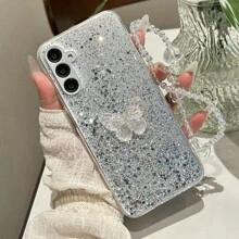 Cell Phone Lanyards 1pc Galaxy Glitter High Sparkle DIY Butterfly & Heart Bracelet Phone Case Compatible With Apple And Android Phones For Girls And Women - White - View 3