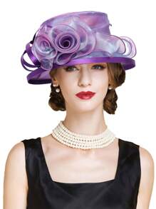 HIMESPORT Mũ nữ chủ đề Lễ hội đua ngựa Kentucky Derby, thích hợp cho các bữa tiệc cocktail, đám cưới, tiệc trà chiều, được trang trí bằng chấm bi và hoa, vành rộng. - màu đặc - Xem 8