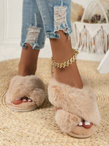 Women's Criss-Cross Fluffy Slip-On Slippers, Popular Cross-Border Fuzzy House Slippers - Camel - View 3