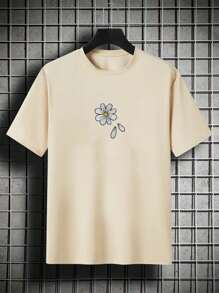 Men's Floral Embroidery Drop Shoulder T-Shirt - Apricot - View 3