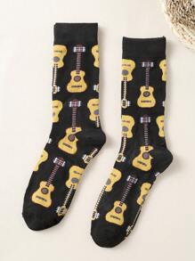 1 par de calcetines hasta la mitad de la pantorrilla para hombre con diseño de guitarra - Multicolor - Ver 2