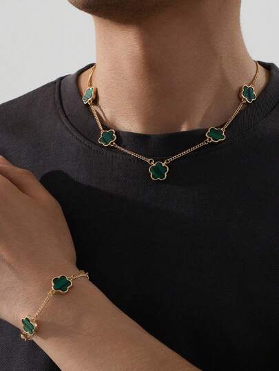 1 pieza Conjunto de collar y pulsera de estilo empresarial de moda con colgante de trébol de la suerte para hombres, regalo para San Valentín, mamá, madre, Día de la Madre