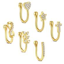 CIZME Set de 6 piezas de anillos falsos de nariz de acero inoxidable con diseño de taladro, hoja, amor y estrella, clip de nariz sin perforar joyería fácil de usar y cómoda de llevar sin perforación