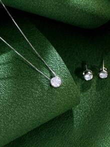 1pair Earrings + 1pc Necklace Genuine 925 Sterling Silver Round Cubic Zirconia Pave Wedding Engagement Jewelry Set For Women - White - View 6