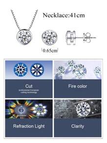 1pair Earrings + 1pc Necklace Genuine 925 Sterling Silver Round Cubic Zirconia Pave Wedding Engagement Jewelry Set For Women - White - View 3