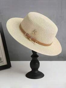 1pc Women's Metal R Letter Buckle Straw Hat, Casual Summer Sun Hat For Beach Vacation - Straw Hat - View 12