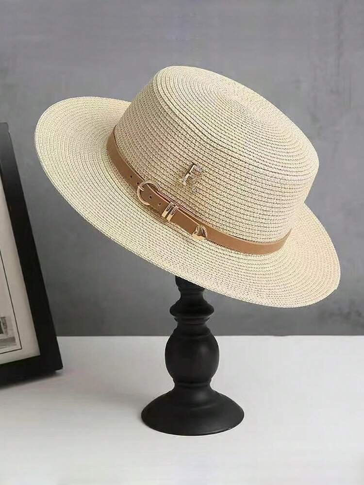 1pc Women's Metal R Letter Buckle Straw Hat, Casual Summer Sun Hat For Beach Vacation - Straw Hat - View 12