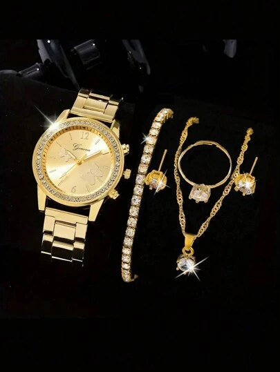 1 件青少年极具吸引力的石英手表和 5 件新奇金水钻首饰套装，可作为节日礼物赠送朋友，适合日常使用