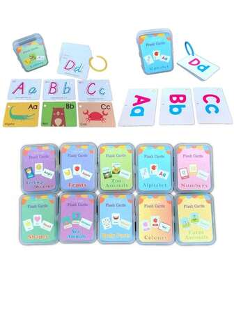 20-27张蒙特梭利儿童早期学习闪卡套装，包含字母、数字、动物园动物、农场动物、水果、颜色、形状、身体部位等内容。