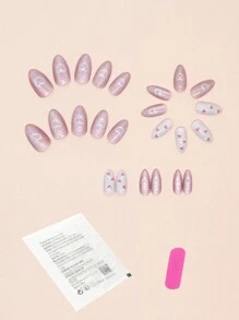 24pcs Short French Style Minimalist False Nails With 1pc Nail File And 1pc Jelly Glue Press On Nails Nail Supplies - Pink - View 2