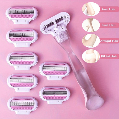 1 Handle + 8 Blades Set Women Bikini Manual Hair Removal Tool 3-Layer Stainless Steel Shaving Blades Replaceable Razor Blade Hair Removal,Face Hair Removal,Hair Trimmer,Hair Trimmer,Barber Supplies,Haircut, Bag,Organizer,Storage,Hair Accessories