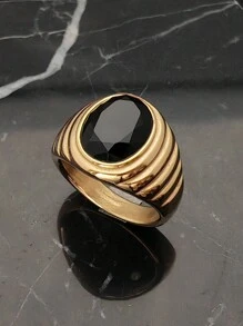 Men Jewelry Gold 18K Plated 316 Stainless Steel Fashion Solid High Quality Black Stone Rings