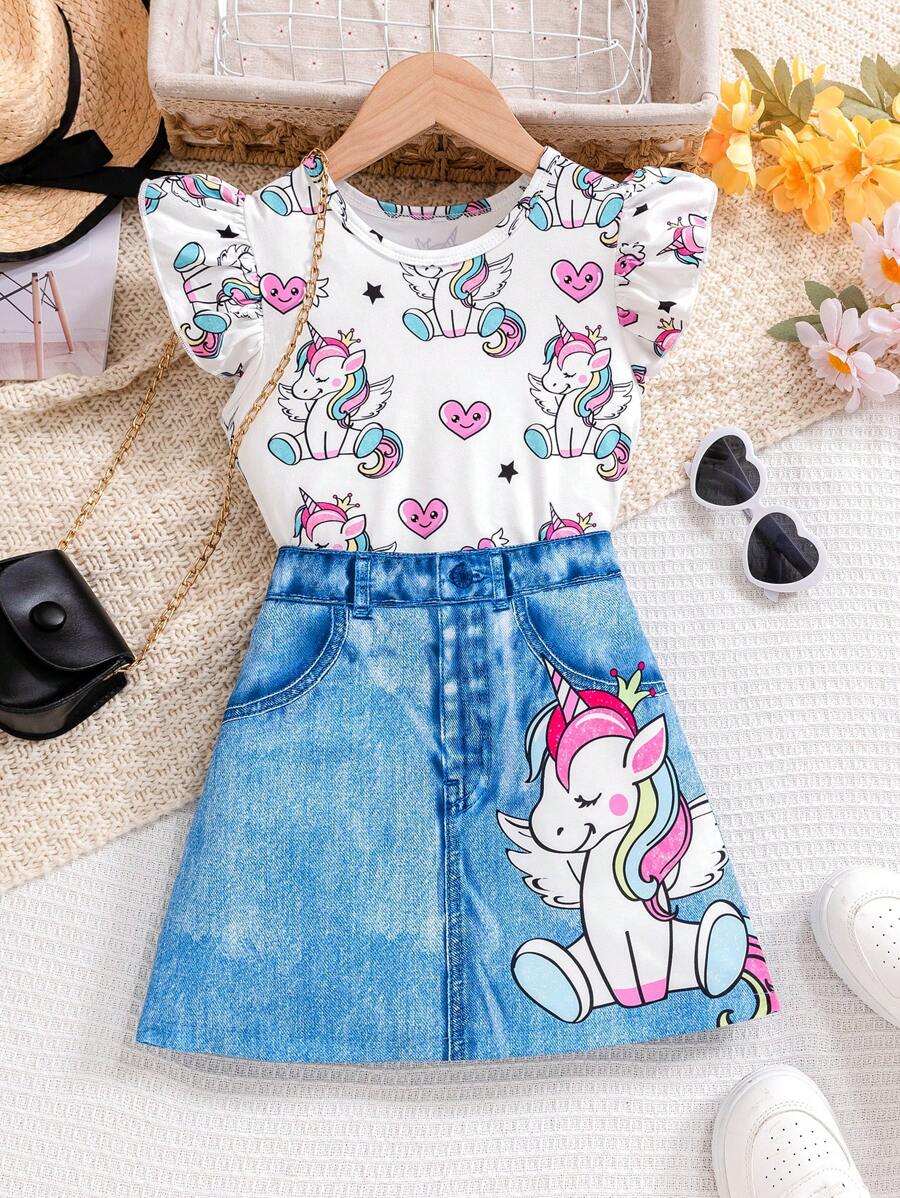 Young Girl Knitted Unicorn Cap Sleeve T-Shirt And Denim Effect Skirt Set, Spring/Summer