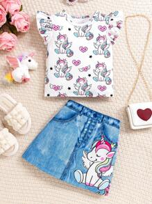 Young Girl Knitted Unicorn Cap Sleeve T-Shirt And Denim Effect Skirt Set, Spring/Summer