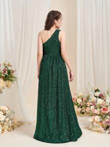 Teen Girls' One-Shoulder High-Slit A-Line Graduation Dress – Formal Dress For Black-Tie Galas, Wedding Receptions, Debutante Balls, Award Ceremonies & Theater Premieres - Dark Green - View 3